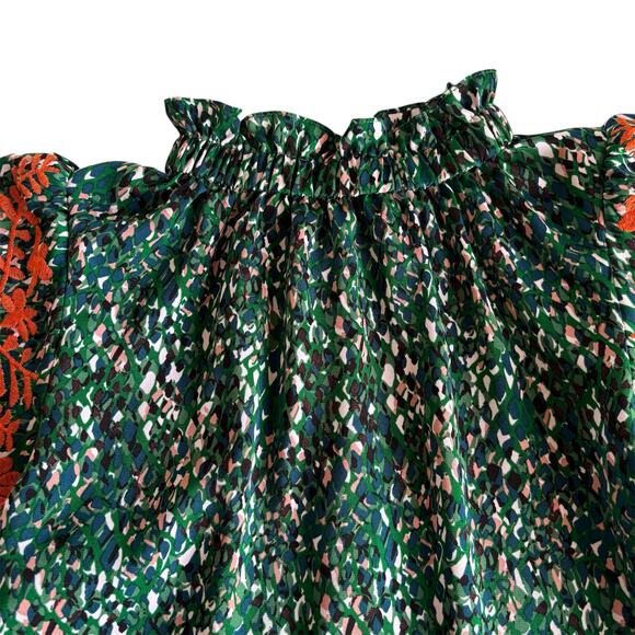 THML Say It All Green Floral Blouse Orange Embroidered Puff Sleeves Size XS - Picture 3 of 10